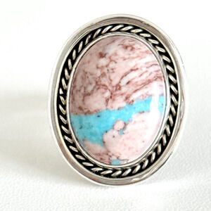 Vintage 925 Sterling Silver Running Bear Large Pink Blue Turquoise Ring Size 7